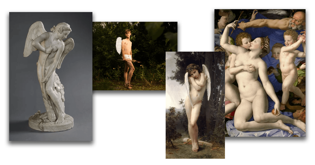 A research collage by Arjan Spannenburg featuring classical sculptures, Renaissance paintings, and contemporary photography exploring the figure of Eros.